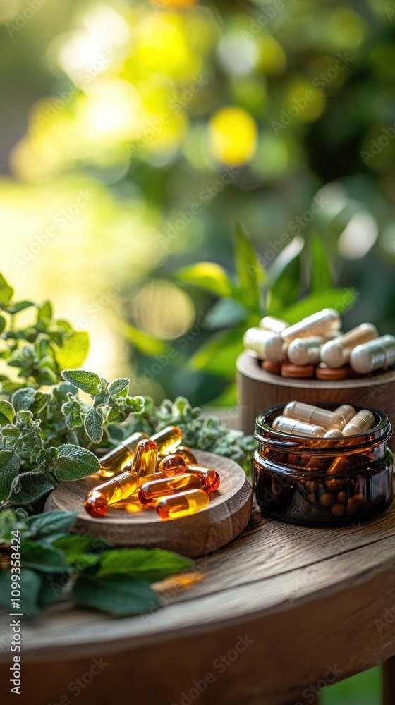 Poster assorted vitamins and supplements on a wooden table with greenery in the background.