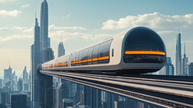 A conceptual rendering of a hyperloop transport system in a sprawling urban setting
