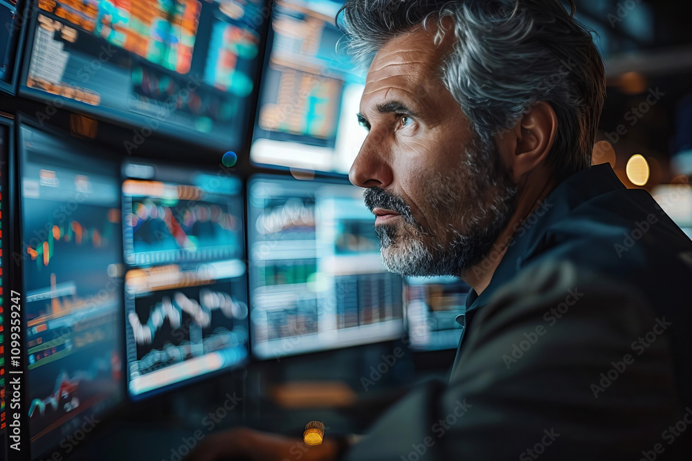 Poster experienced stock market broker analyzing data on multiple computer screens in office