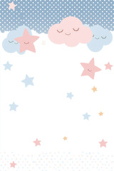 Charming vector announcement card featuring smiling clouds and stars in pastel colors