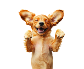 Playful puppy lying on its back, isolated on white. PNG transparent.