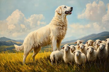 Obraz premium Kuvasz with Flock of Sheep