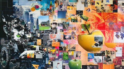 Fototapeta premium A Vibrant Urban Tapestry: Mixed Media Collage Explores Cityscapes, Portraits, and Symbolic Apples in a Dynamic, Expressive Visual Narrative