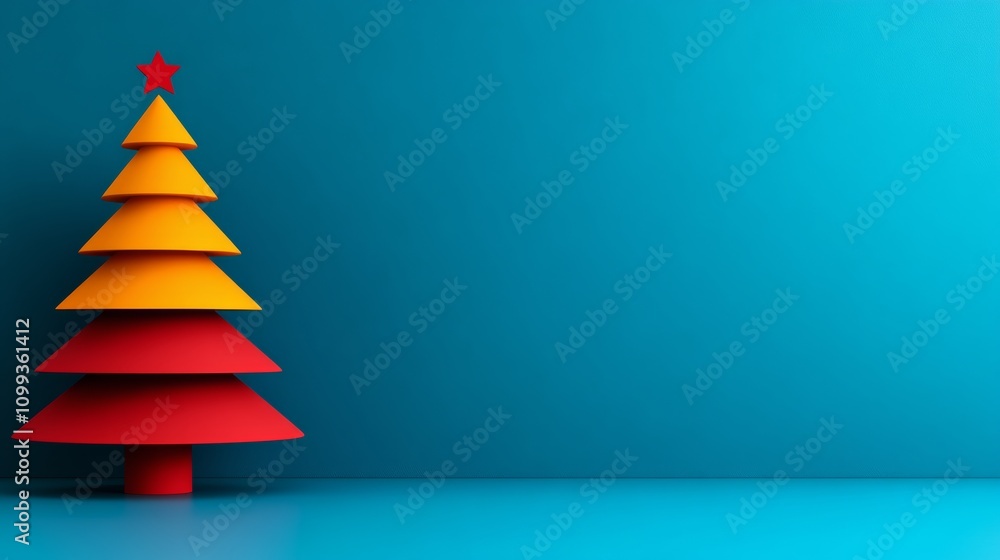 Poster christmas tree with a star on top is displayed on a blue background. the tree is made of paper and h