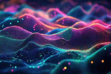 Vibrant Abstract Digital Landscape with Colorful Waves and Glowing Dots in a Futuristic Style