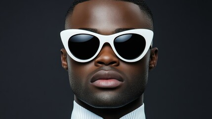 Obraz premium Man wearing sunglasses with a cat eye shape. The sunglasses are white and the man has a beard
