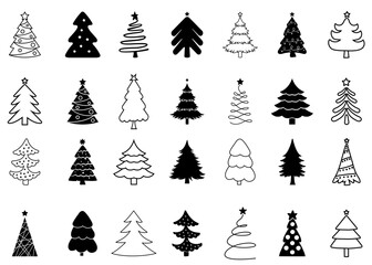 Obraz premium Black and White Christmas Tree Silhouette Vector Set with Festive Lights