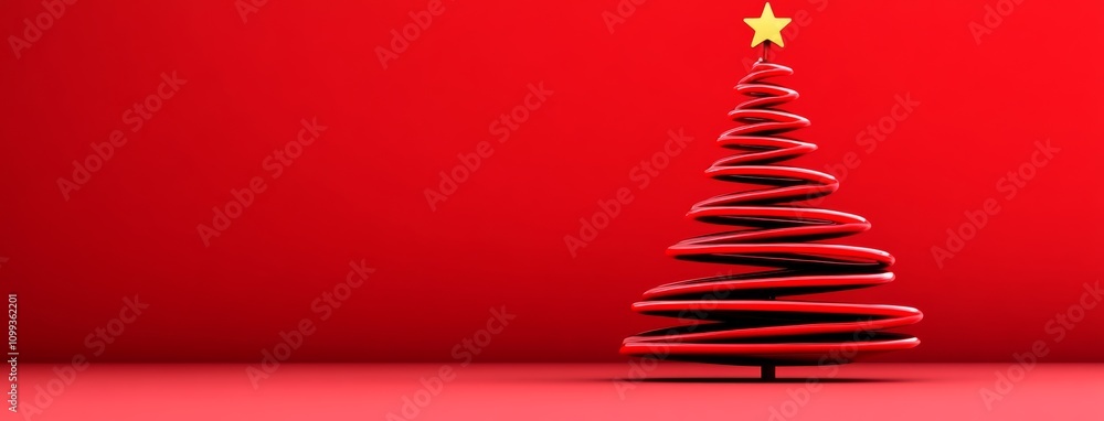 Poster red christmas tree with a star on top. the tree is tall and has a spiral shape. the background is re