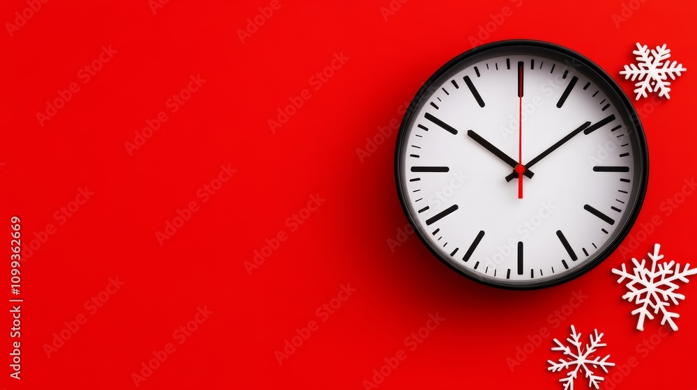 Aufkleber black clock with white hands and red numbers on a red background. the clock is set at 12:00