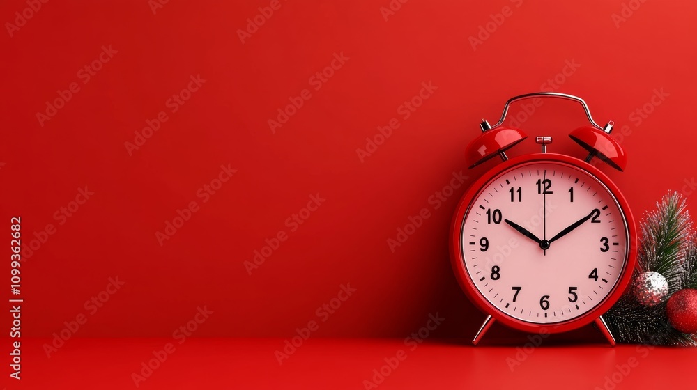Aufkleber black clock with white hands and red numbers on a red background. the clock is set at 12:00