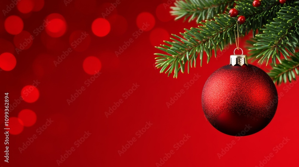 Poster red ornament hangs from a christmas tree branch. the red background and the red ornament create a fe