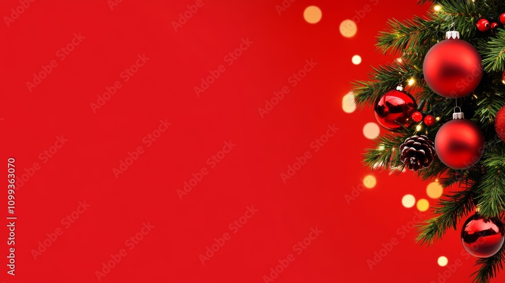 Poster red background with a christmas tree on it. the tree is full of red ornaments and has a red ribbon