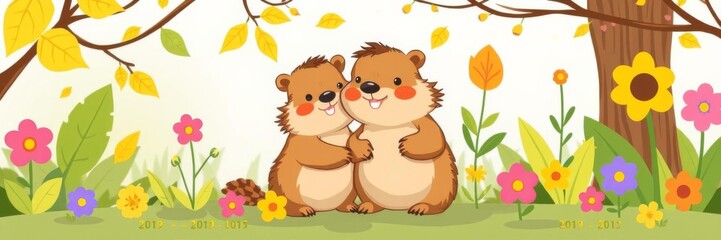 Obraz premium Two cute groundhogs surrounded by colorful flowers and leaves, ideal for nature themes greeting card, adorable, friends