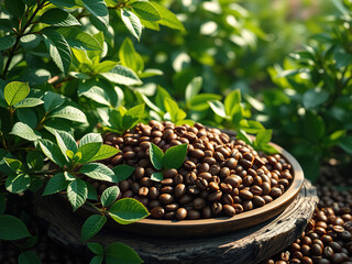 Obraz premium Freshly roasted coffee beans piled high on a wooden platter amidst lush green foliage in a serene natural setting, coffee roast, nature, fresh coffee, wood