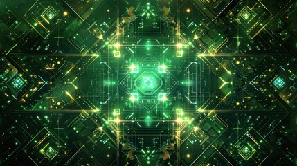 Obraz premium Symmetrical green and gold digital circuit pattern.