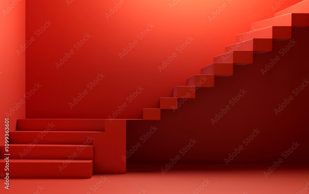 Poster red staircase is shown in a room with red walls. the staircase is made of blocks and he is a part of