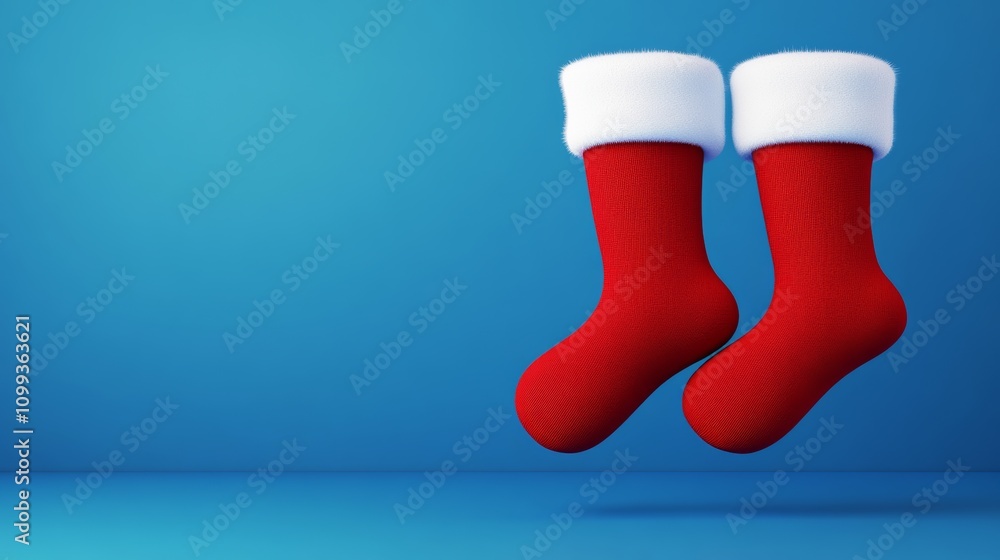 Poster two red socks with white tips are floating in the air above a blue background. the socks are positio