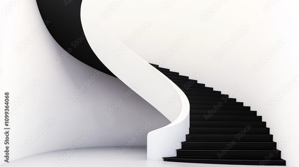 Poster staircase with black steps and white handrails. the staircase is very long and narrow. the staircase