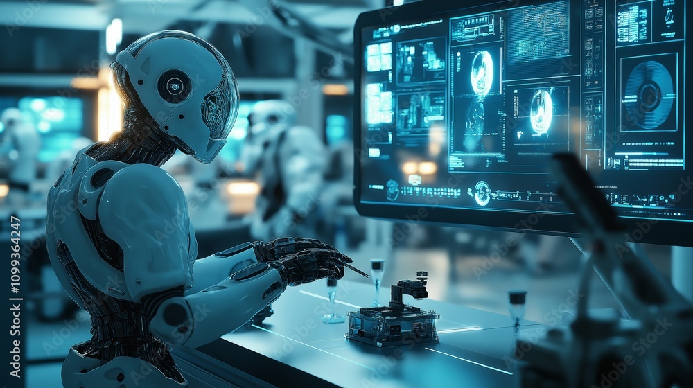 Poster a futuristic laboratory where robots work in the technological sphere. screens and modern robotics a