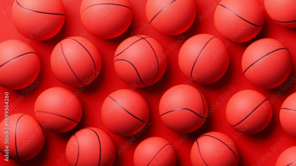 Poster row of red basketballs with a black stripe. the balls are arranged in a pattern, with some overlappi