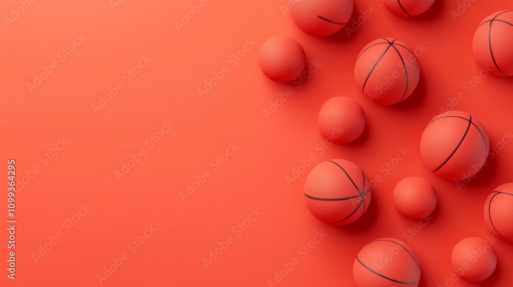 Poster red background with a bunch of basketballs on it. the basketballs are all different sizes and are ar