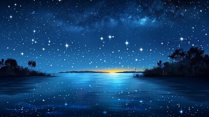 Naklejka premium Stunning Night Sky Over Tranquil Lake with Reflections of Stars and Distant Horizon at Dawn