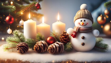Christmas decoration with candles, balls, snowmen, fir branches and cones. Celebration concept.