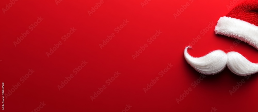 Poster red background with a white mustache and a red hat on top of it. the image has a festive and playful