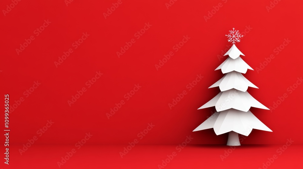 Poster white christmas tree is standing on a red background. the tree is the focal point of the image, and 