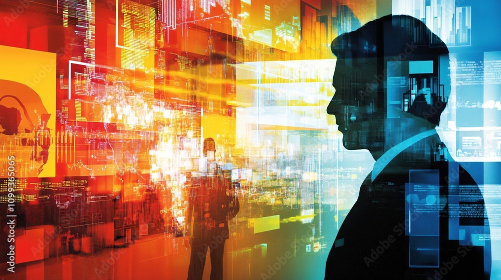 Poster silhouette of a businessman against a backdrop of digital data, symbolizing the intersection of tech