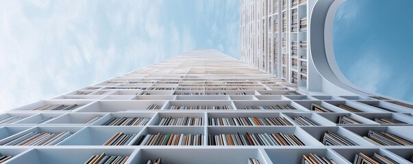 Virtual skyscraper library with shelves scaling infinitely into a digital sky, skyscraper library, limitless inspiration