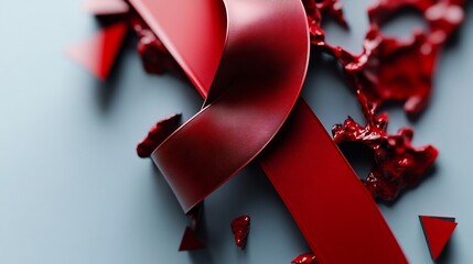 Abstract red shapes, fractured and flowing, on gray background.