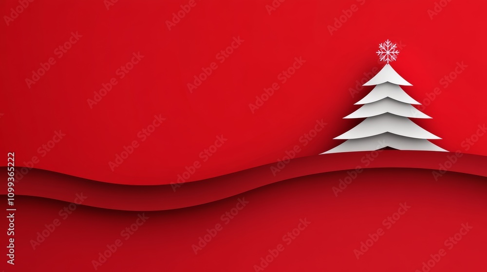 Poster red background with a white tree on it. the tree is cut out of paper and has a snowflake on top. the