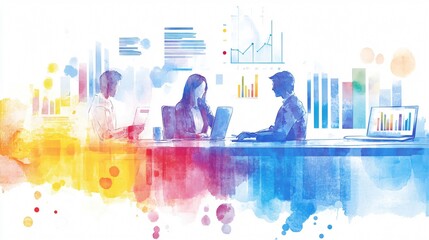 Watercolor Strokes of Business Dynamics: A team collaborates amidst vibrant hues and data-driven insights, blending creativity and analysis in a modern office setting.