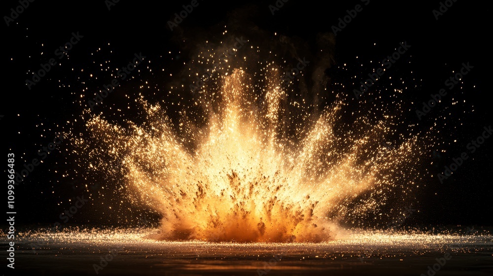 Poster an explosion creating a burst of fire and sparks against a dark background.