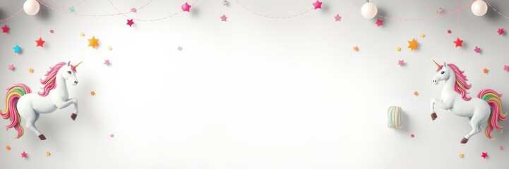 Obraz premium Vibrant rainbow dreams festival backdrop with white decor, rainbows framing the sides, and unicorns scattered around, white, festival