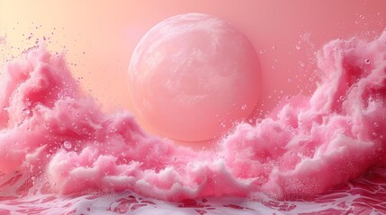 Fototapeta premium Surreal Pink Ocean Waves with a Dreamy Planet in the Sky - Fantasy Digital Art