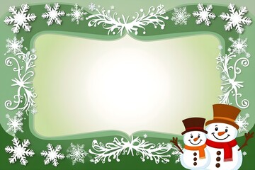 Fototapeta premium Whimsical Snowman Border with Green Winter Gradient Christmas Card