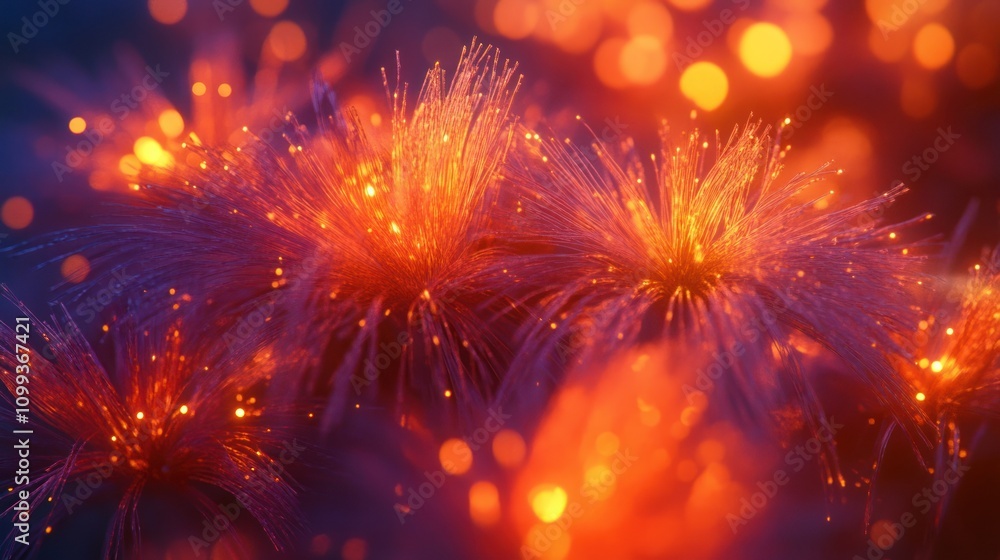 Poster abstract glowing fibers with bokeh lights in the background.