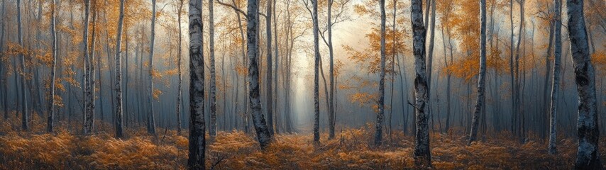 Fototapeta premium A serene forest scene with tall trees, vibrant autumn leaves, and soft sunlight filtering through the branches.