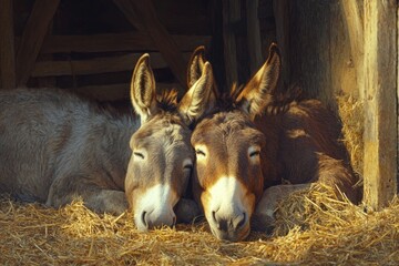 Two donkeys resting their heads together in a barn, with their eyes closed,  in a bed of hay.