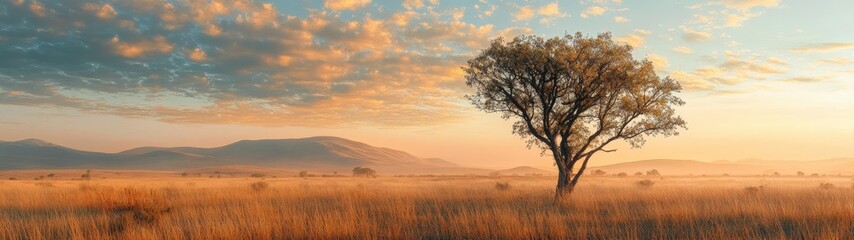 A serene landscape featuring a solitary tree against a colorful sunset, highlighting nature's beauty and tranquility.