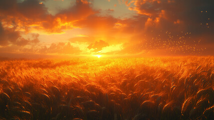 Naklejka premium Golden Hour in the Grasslands: A mesmerizing sunset paints the sky with fiery hues, casting a warm glow over a field of tall, golden grass, evoking a sense of peace and tranquility.