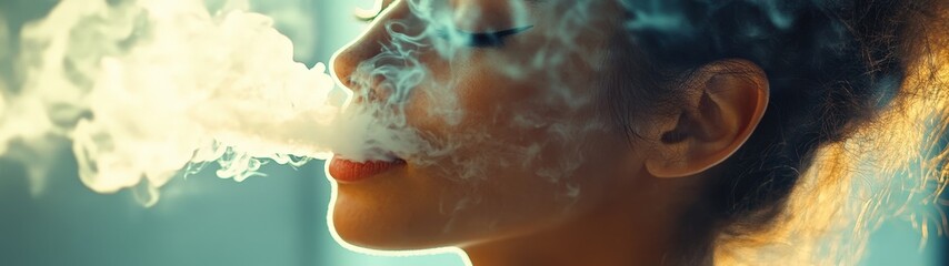 A serene portrait of a woman exhaling smoke, capturing a moment of tranquility and contemplation.