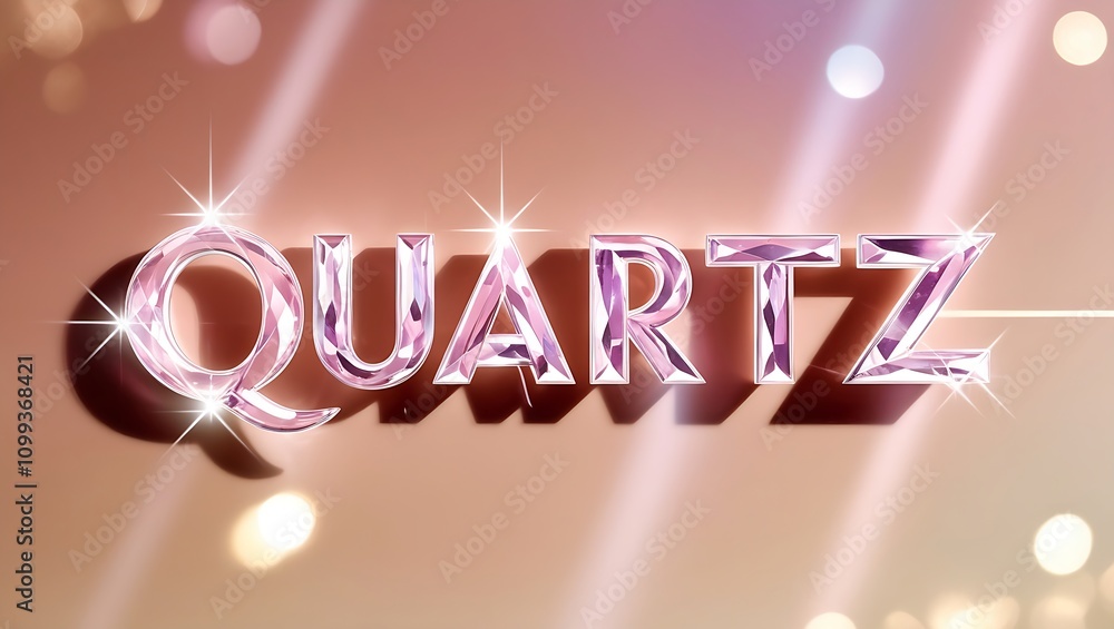 Poster sparkling pink quartz word art with light rays and bokeh background.