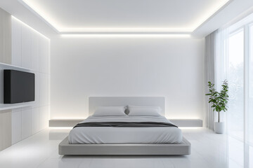front view of a bed, including the walls and ceiling. The bedroom is white and modern