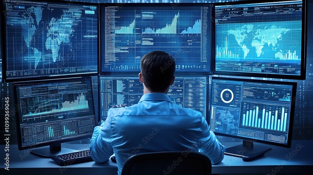 Poster data analyst using computer monitor dashboard for insights and reports