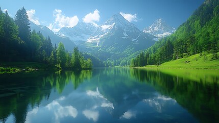 Fototapeta premium A bright and clear image, 8k high definition serene alpine lake surrounded by snow-capped mountains and lush forests in the Swiss Alps 