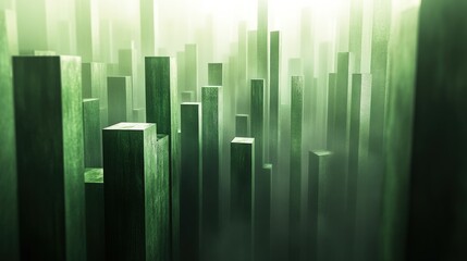 Obraz premium Abstract green blocks forming a futuristic city in fog.