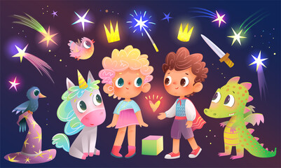 Little princess and prince characters and magical objects for kids story. Children and fairy tale animals as dragon and unicorn. Colorful shiny fairy tale vector clip art graphics on dark for children © Popmarleo